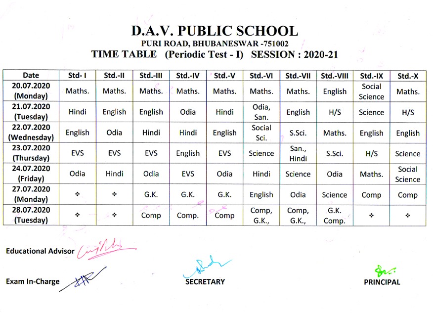 Exam Schedule of PT-I 2020-21